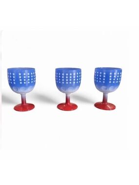 BARTLETT COLLINS WINE GLASSES GOBLETS RED WHITE BLUE STARS VINTAGE SET of 3